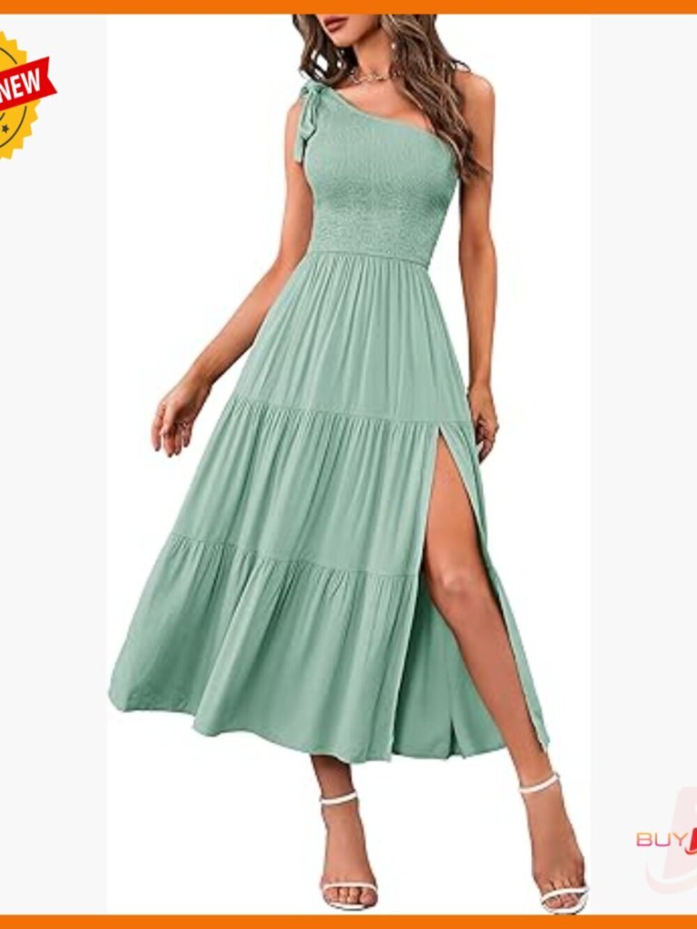 Sleeveless Midi Dress One Shoulder Knot Smocked Split Formal Cocktail